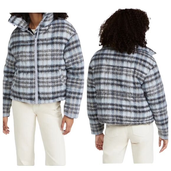 APPARIS Josh Cropped Puffer Jacket Womens SZ XS Blue Black Plaid Faux Fur Lined - Picture 8 of 11